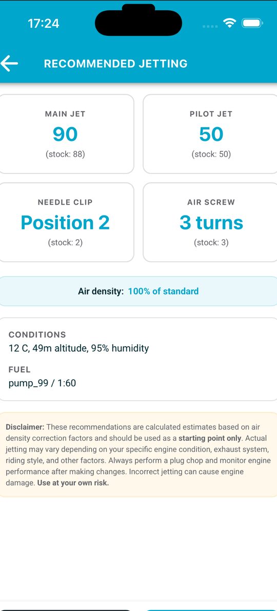 Recommended jetting screen with logged conditions