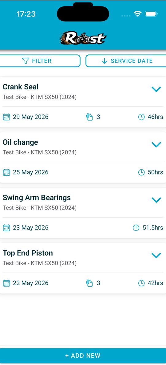 Roost MX service history for a KTM SX50