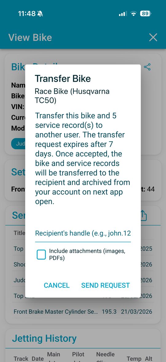 Transfer Bike dialog showing service records and attachments