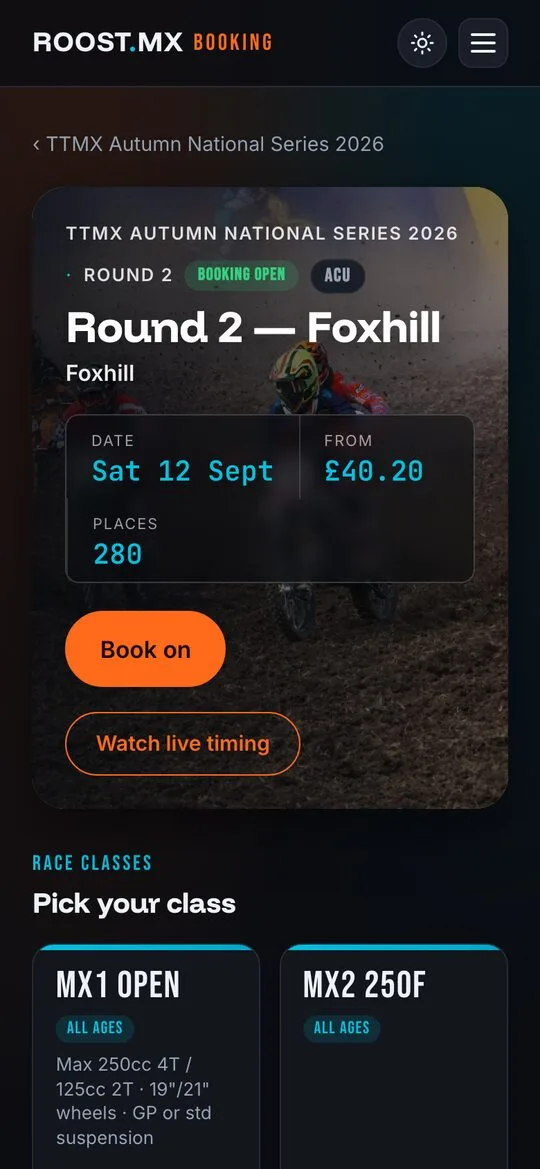 A round page in the Roost booking app: date, entry price, places left and a Book on button