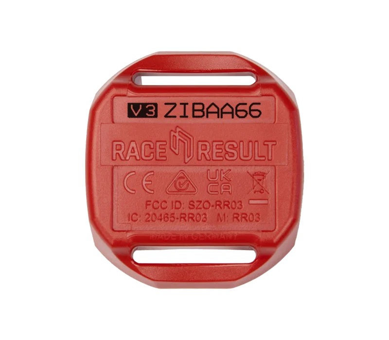 A red RACE RESULT V3 transponder, showing its printed ID and two mounting slots