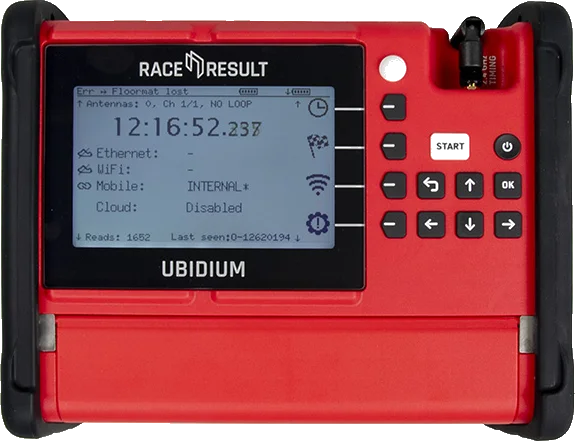 A RACE RESULT Ubidium decoder, its display showing the running clock and read count